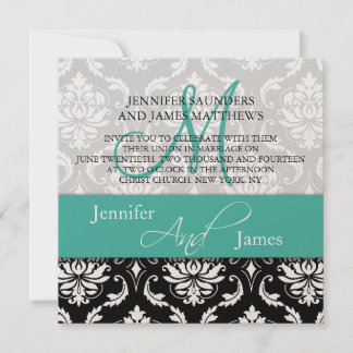 Wedding Damask Monogram Names Turquoise Invitation