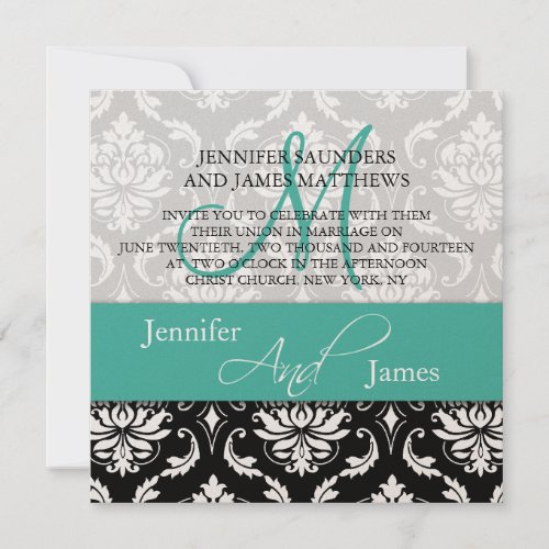 Wedding Damask Monogram Names Turquoise Invitation