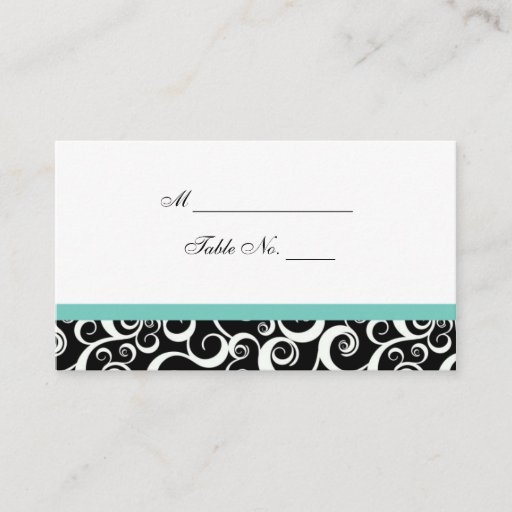 Customizable Wedding Damask Swirls Table Place Card in Aqua Business Card Templates
