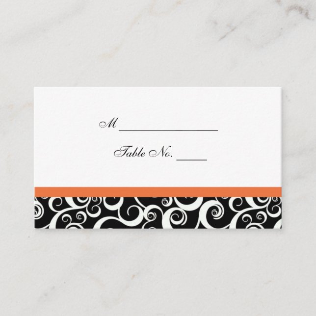 Wedding Damask Swirls Table Place Card in Orange (Front)