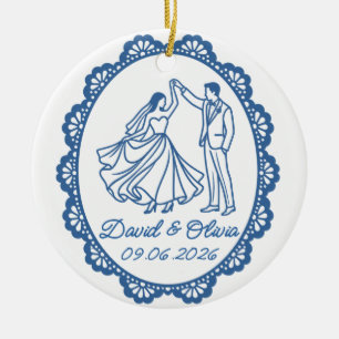 Wedding Dance Couple Names & Date Line Art Ceramic Ornament