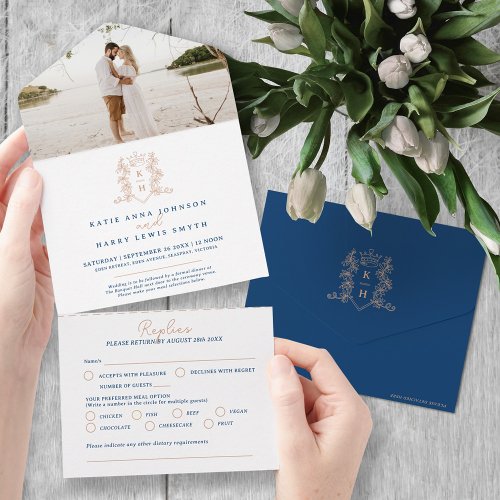 Wedding dark blue rose gold crown monogram photo all in one invitation