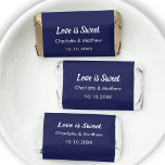 Wedding dark blue white Love is Sweet names favor<br><div class="desc">Dark blue background,  white text.  Personalize and add your names and the wedding date. Text: Love is Sweet</div>