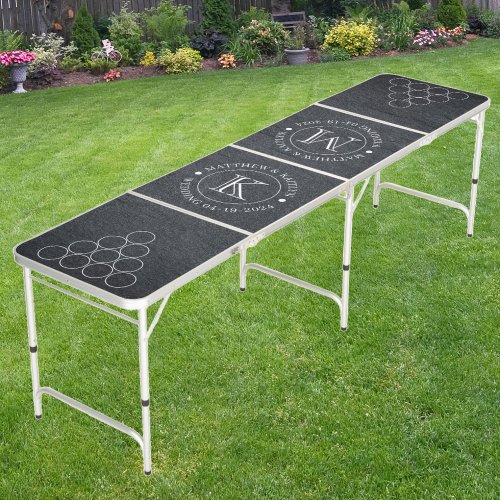 Wedding Dark Granite Stone with Name  Initials Beer Pong Table