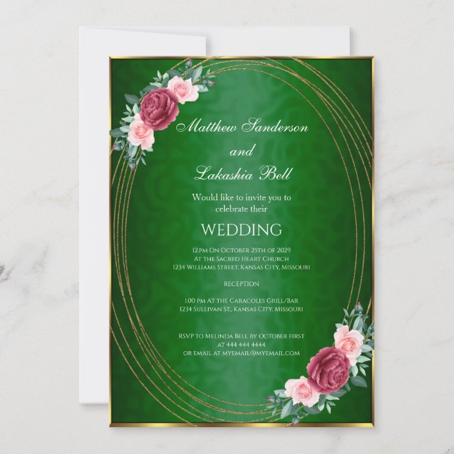Wedding Dark Green Gold Pink Red Flowers Classic Invitation (Front)