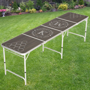 Wedding Dark Modern Wood with Name & Initials Beer Pong Table
