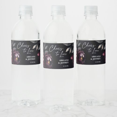 Wedding dark moody peonies personalized water bottle label