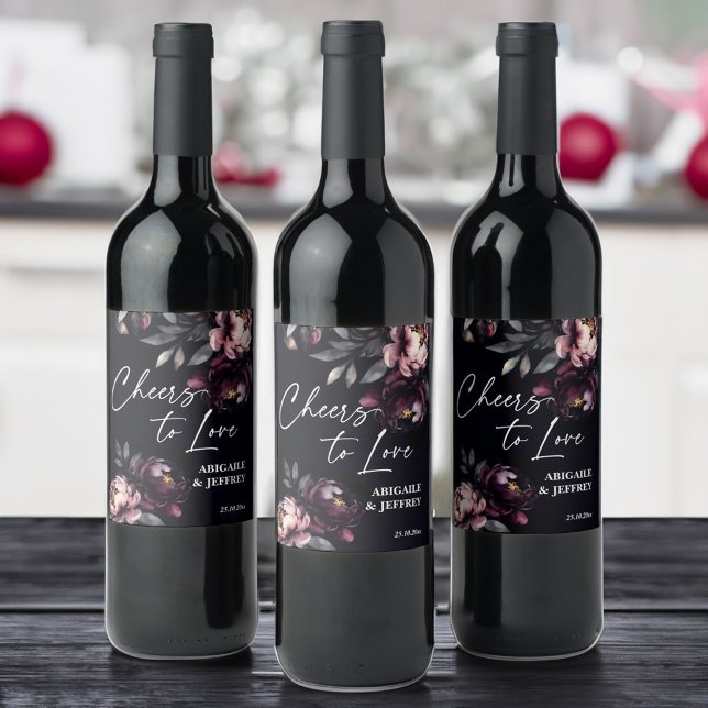 Wedding dark moody peonies personalized wine label (Cheers to love Wedding favors  personalized wine label dark moody peonies  wine labels)