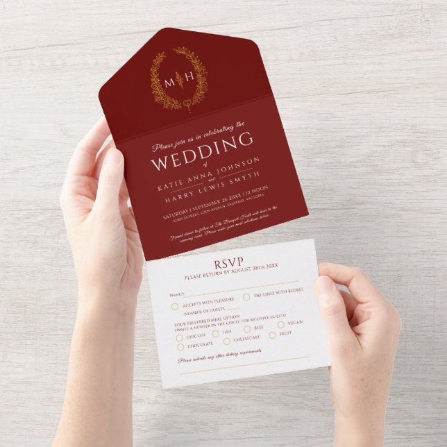 Wedding dark red gold white oval leaves monogram all in one invitation (Tearaway)