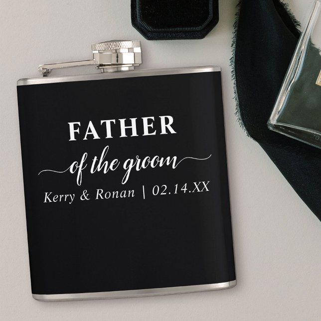 Wedding Date and Names Black Father of the Groom Flask (Personalized gift for Father of the Groom)