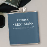 Wedding Date and Names Blue Personalized Best Man Flask<br><div class="desc">Personalized Hip Flasks are great wedding keepsake gifts for the best man and groomsmen. This minimalist typography design is lettered in modern, bold typography and can be customized for each of the groom's party. The name template is set up ready for you to add the groomsman's name, the bride and...</div>