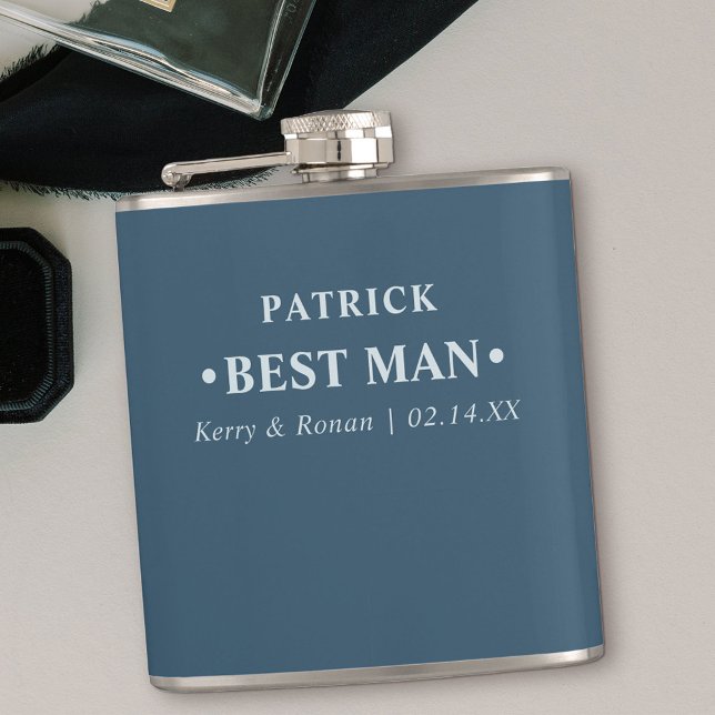 Wedding Date and Names Blue Personalized Best Man Flask (Wedding thank you gift for your best man)