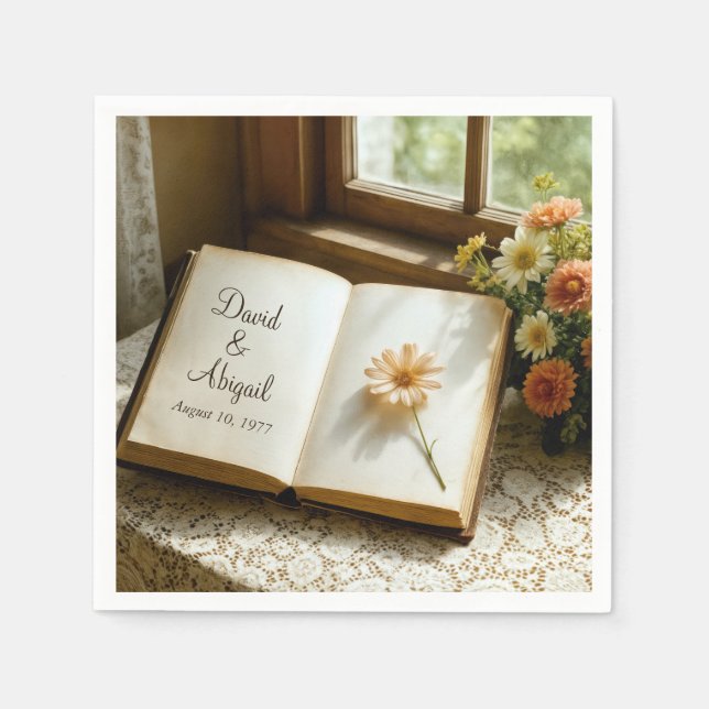 Wedding Date and Names in an Open Book Napkins (Front)