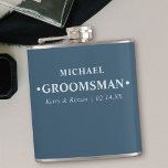 Wedding Date and Names Personalized Groomsman Blue Flask<br><div class="desc">Personalized Hip Flasks are great wedding keepsake gifts for the groom's party. This minimalist typography design is lettered in modern, bold typography and can be customized for each of the groomsmen. The name template is set up ready for you to add the groomsman's name, the bride and groom's names and...</div>