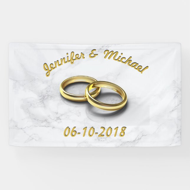Wedding Date Bride & Groom Customizable Gold Rings Banner (Horizontal)