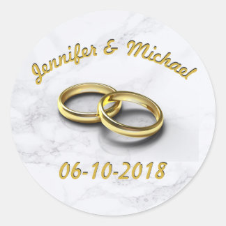 Wedding Date Bride & Groom Customizable Gold Rings Classic Round Sticker
