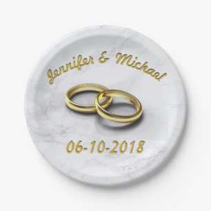 Wedding Date Bride & Groom Customizable Gold Rings Paper Plates