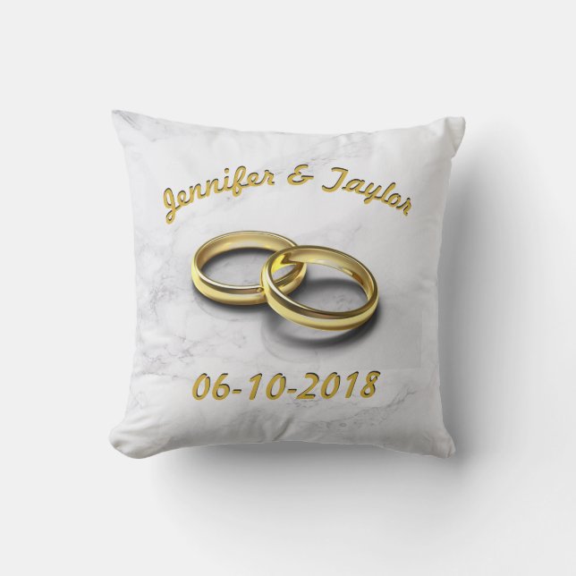 Wedding Date Bride & Groom Customizable Gold Rings Throw Pillow (Front)