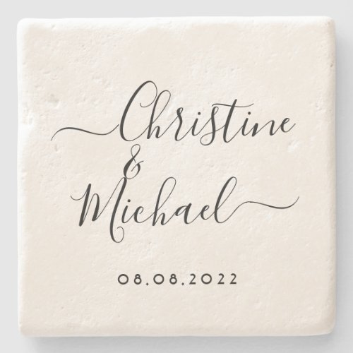 Wedding Date Bride Groom Handwritten Calligraphy Stone Coaster