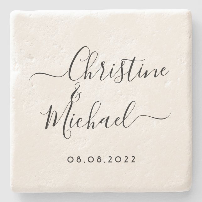 Wedding Date Bride, Groom Handwritten Calligraphy Stone Coaster (Front)