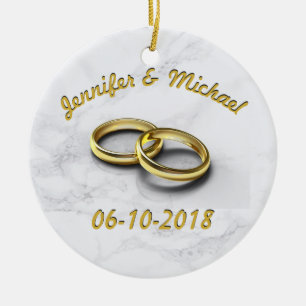 Wedding Date Bride & Groom Personalize Gold Rings Ceramic Ornament