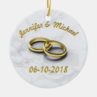 Wedding Date Bride & Groom Personalize Gold Rings Ceramic Ornament