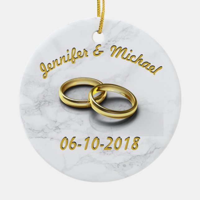 Wedding Date Bride & Groom Personalize Gold Rings Ceramic Ornament (Front)