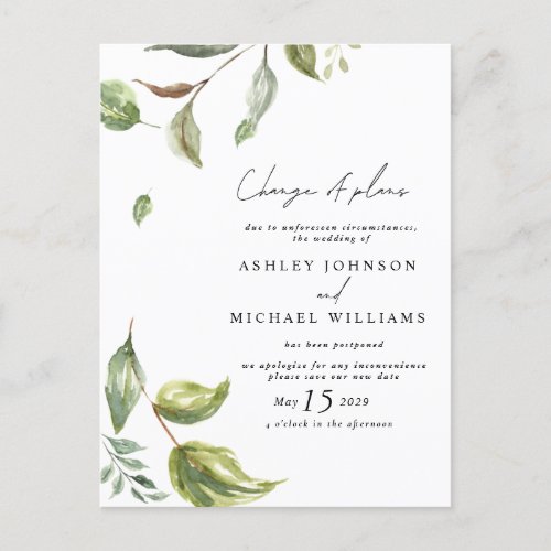 Wedding Date Change of Plans Watercolor Script Announcement Postcard