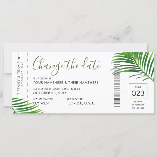Wedding Date Change Tropical Palm Boarding Pass Announcement