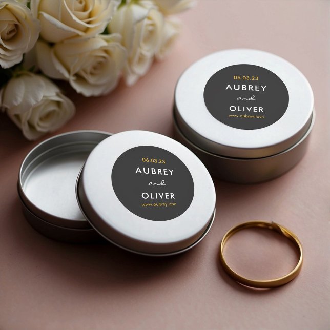 Wedding Date Couple Names Black Gold Favor Classic Round Sticker (Stickers on Wedding Favor Tins)
