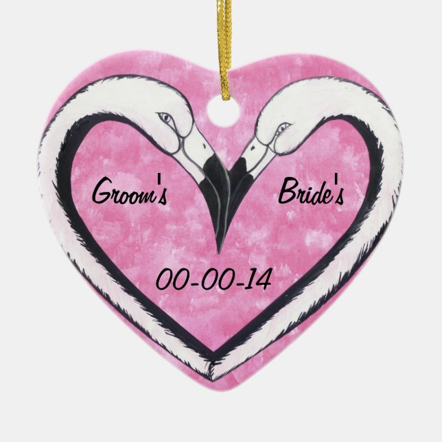 wedding date flamingo Kiss heart Ceramic Ornament (Front)