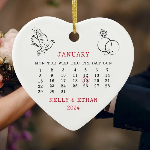Wedding Date Heart Calendar Married Ceramic Ornament
