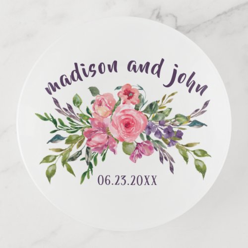 Wedding  Date Lavender And Pink Floral Bouquet Trinket Tray