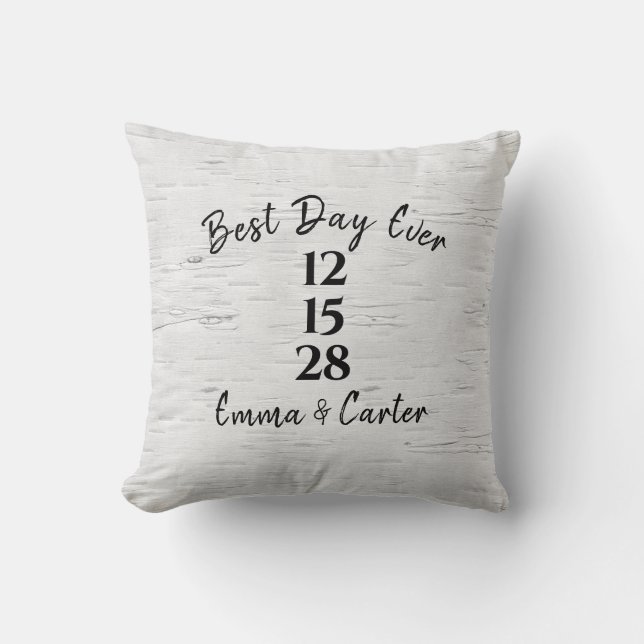 Wedding Date on Birch Tree Throw Pillow (Front)