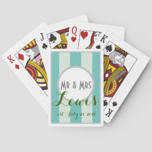WEDDING & Date on TEAL & MINT stripe, white border Poker Cards