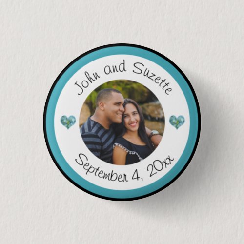 Wedding Date Photo Couple Hydrangea Hearts Button