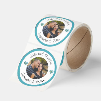 Wedding Date Photo Couple Hydrangea Hearts Classic Round Sticker