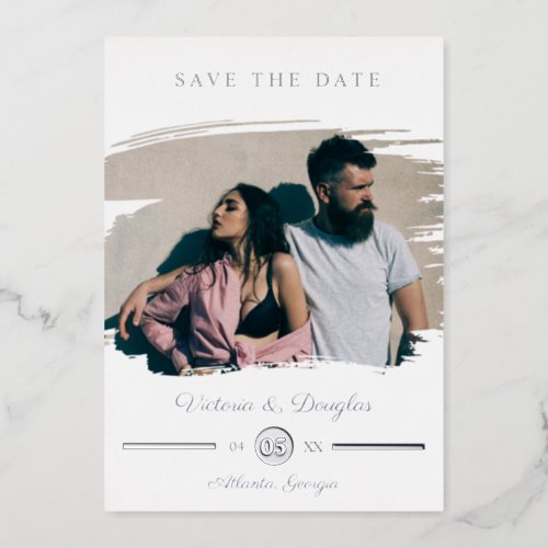 Wedding Date Photo Simulated Brush Minimalist Foil Invitation