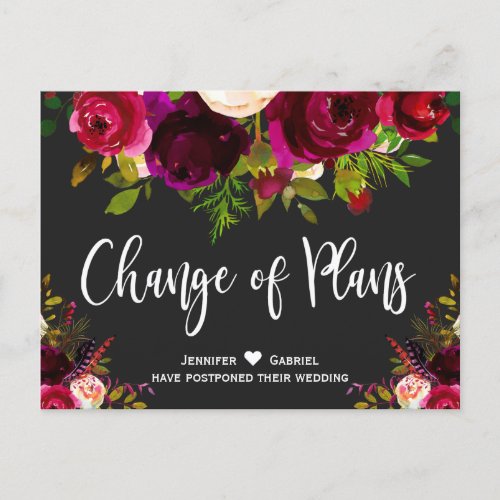 Wedding Date Postponed Burgundy Floral on Grey Announcement Postcard