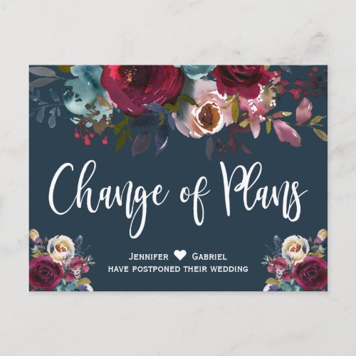 Wedding Date Postponed Burgundy Navy Floral Announcement Postcard