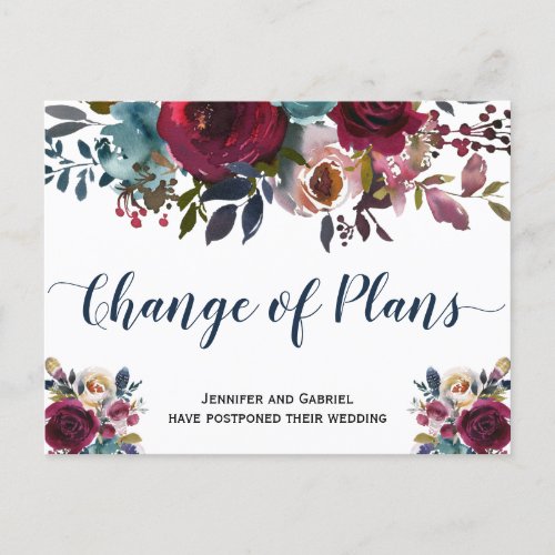 Wedding Date Postponed Burgundy Navy Floral Announcement Postcard