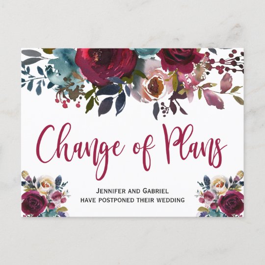 Wedding Date Postponed Burgundy Navy Floral Announcement Postcard