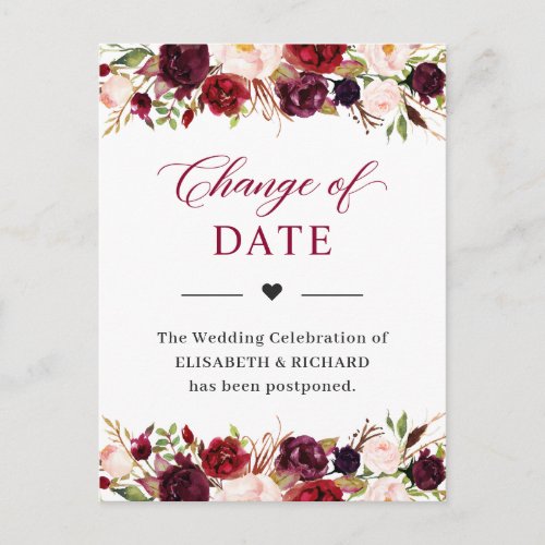 Wedding Date Postponed Burgundy Red Blush Floral Postcard