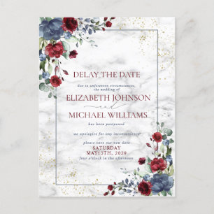 Wedding Date Postponement Blue Burgundy Floral Announcement Postcard