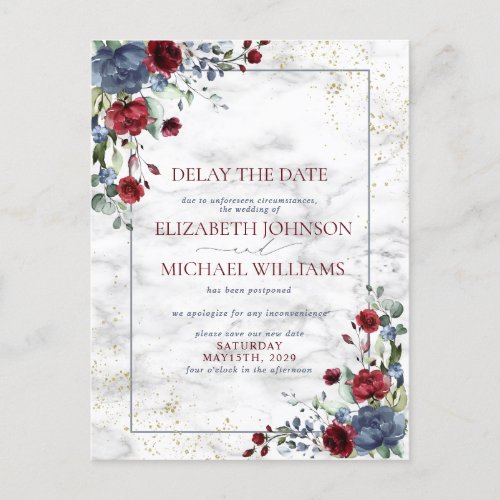 Wedding Date Postponement Blue Burgundy Floral Announcement Postcard