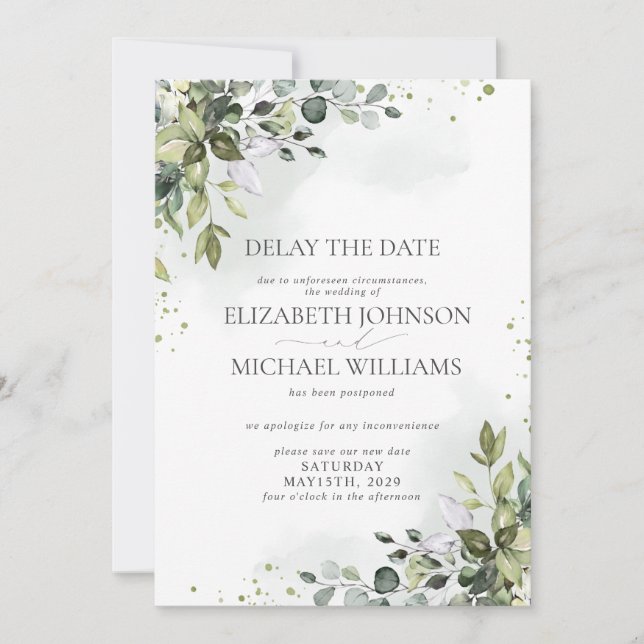 Wedding Date Postponement Eucalyptus Watercolor Announcement (Front)