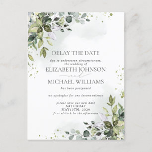 Wedding Date Postponement Eucalyptus Watercolor Announcement Postcard