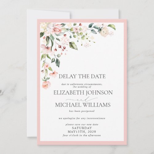 Wedding Date Postponement Pink Floral Watercolor Announcement