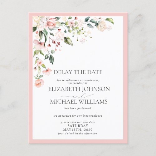 Wedding Date Postponement Pink Floral Watercolor Announcement Postcard