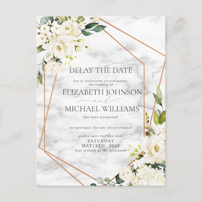 Wedding Date Postponement White Floral Geometric Announcement Postcard (Front)